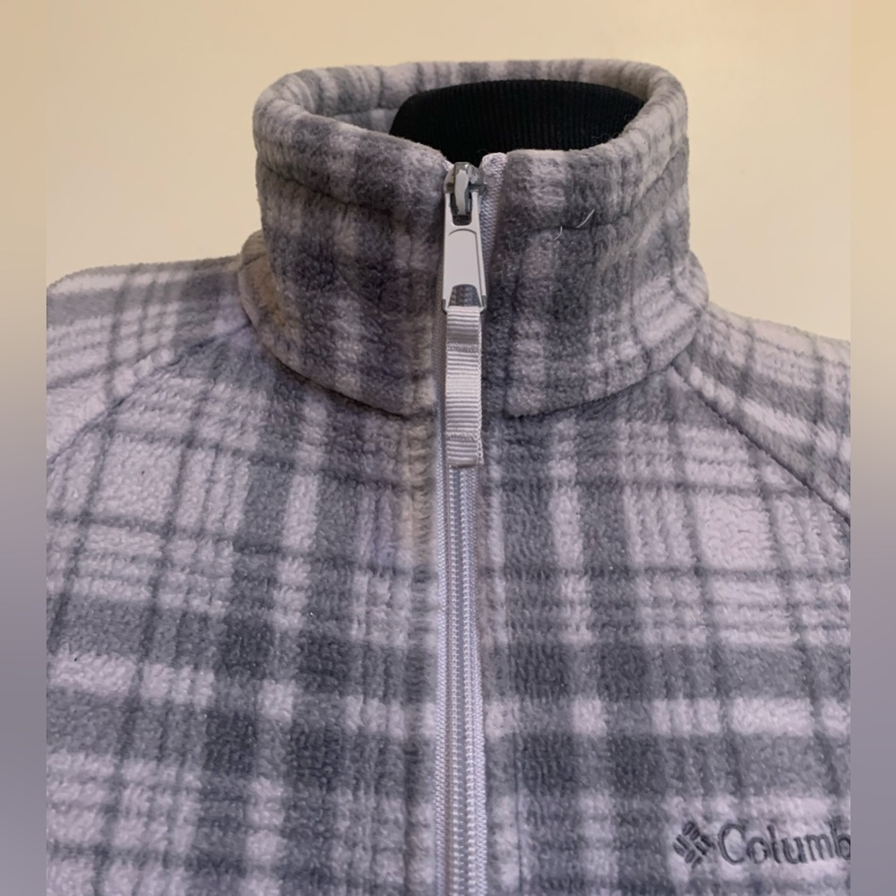 Columbia Full Zip Fleece-Gray Plaid-Zip Close Pockets-Mock Neck-Warm-Large - Picture 2 of 9
